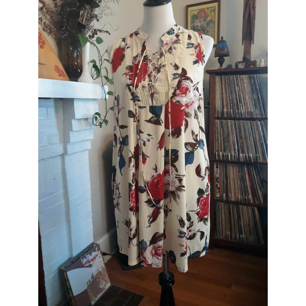 UMGEE S Rose Floral Dress TUNIC  Boho Dress Small Swing Pockets Sleeveless Mini